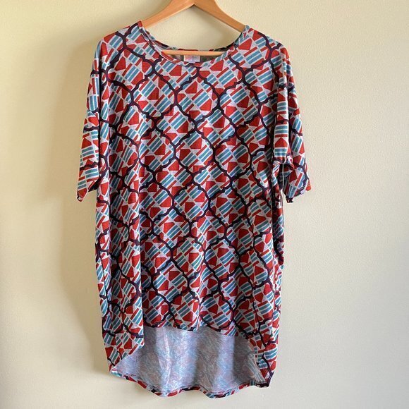 NEW‎ Lularoe Irma high low tunic top short sleeve Womens Size L Geometric Print - Picture 1 of 5